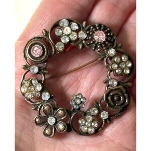 Vintage Silver & Copper Toned 2” Wreath Brooch Flower Motif W/ Rhinestones
